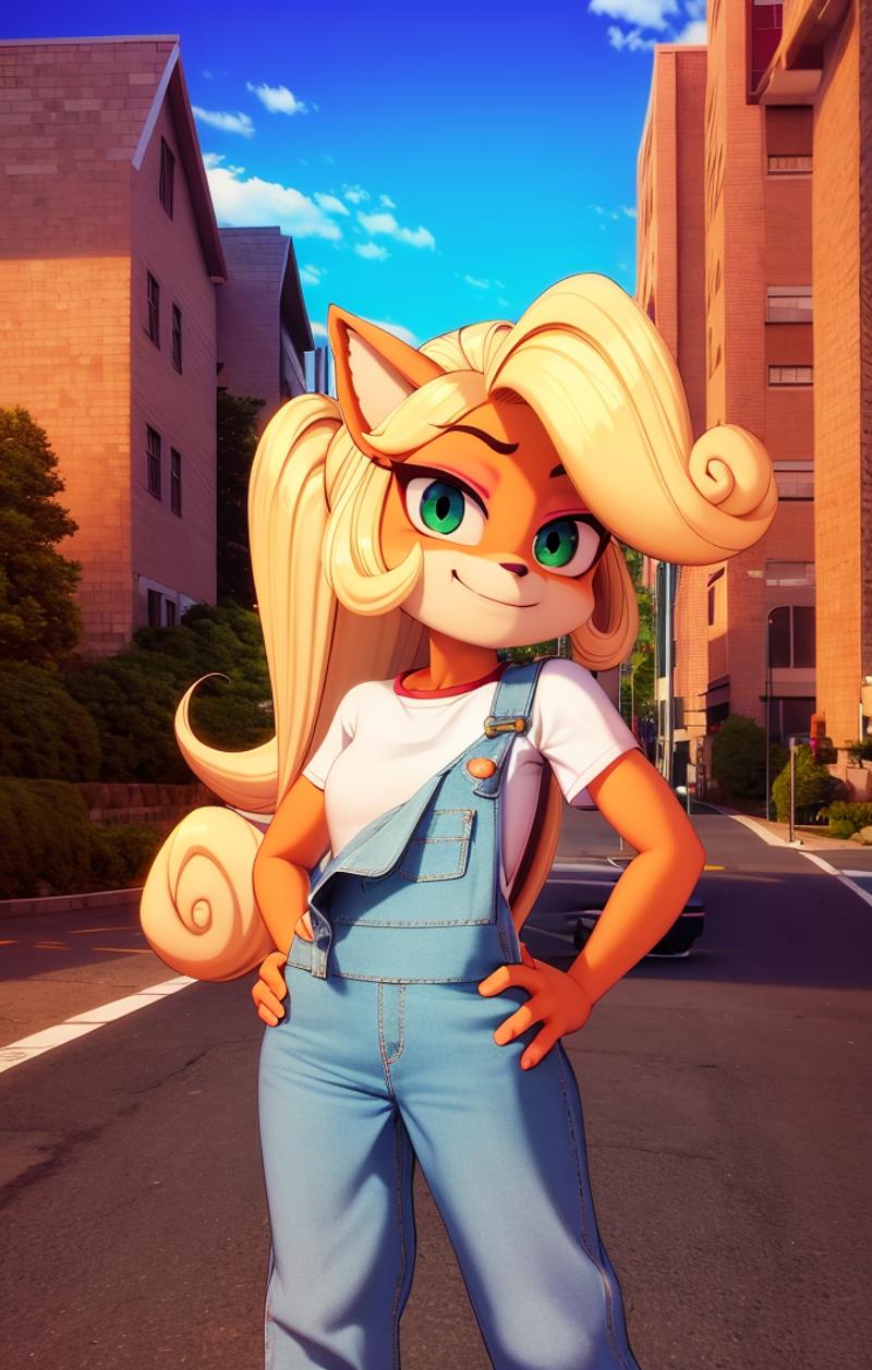 34122-1767583698-highres, detailed, soft lighting, outdoors, coco bandicoot, 1girl, hand on hip, overalls, white shirt, smirking expression.png